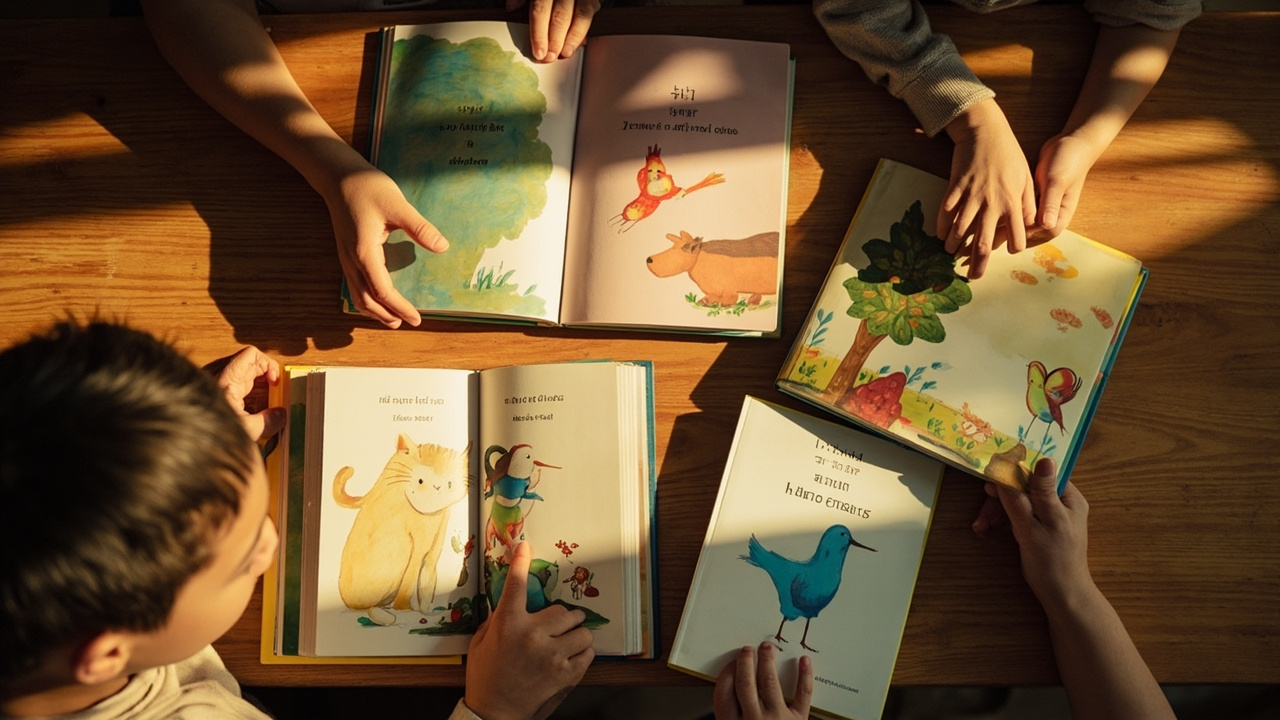 A family reading bilingual Find Luna books together