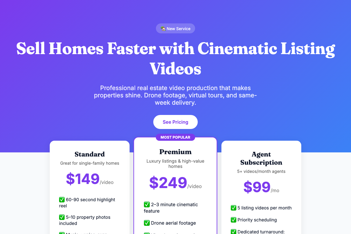 Professional listing videos for realtors starting at $149